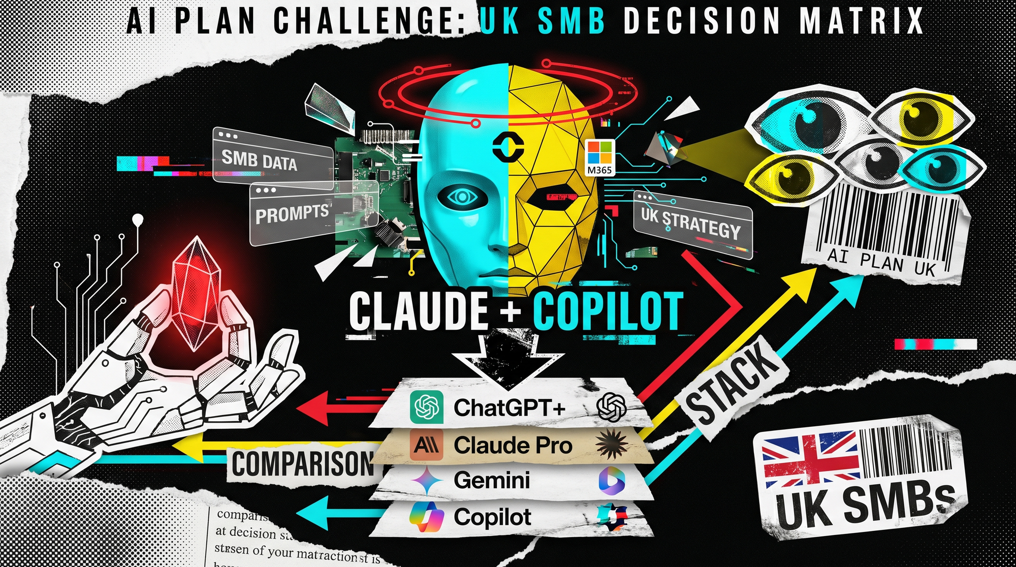 Editorial collage about choosing the best AI plan: chatbot icons, decision arrows, halftone tech textures