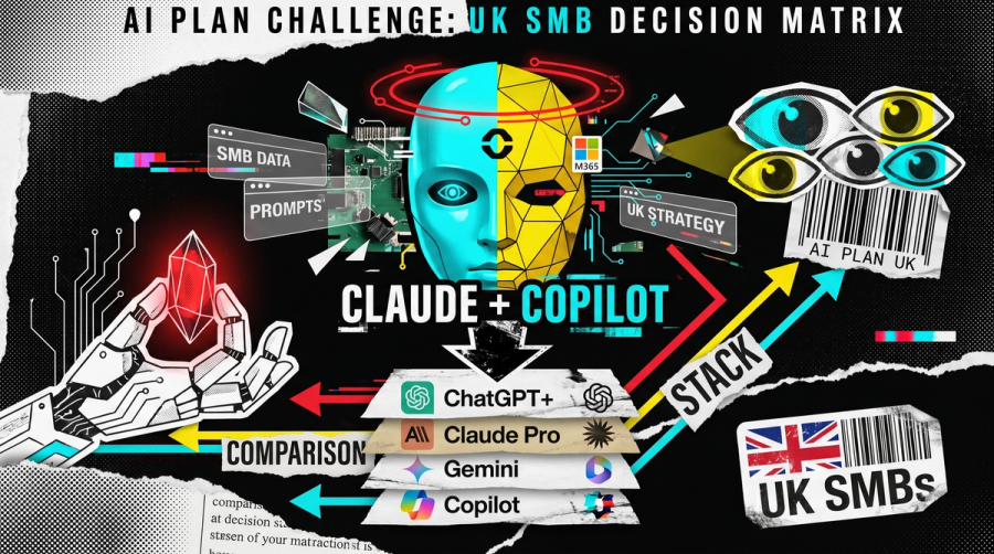 Editorial collage about choosing the best AI plan: chatbot icons, decision arrows, halftone tech textures