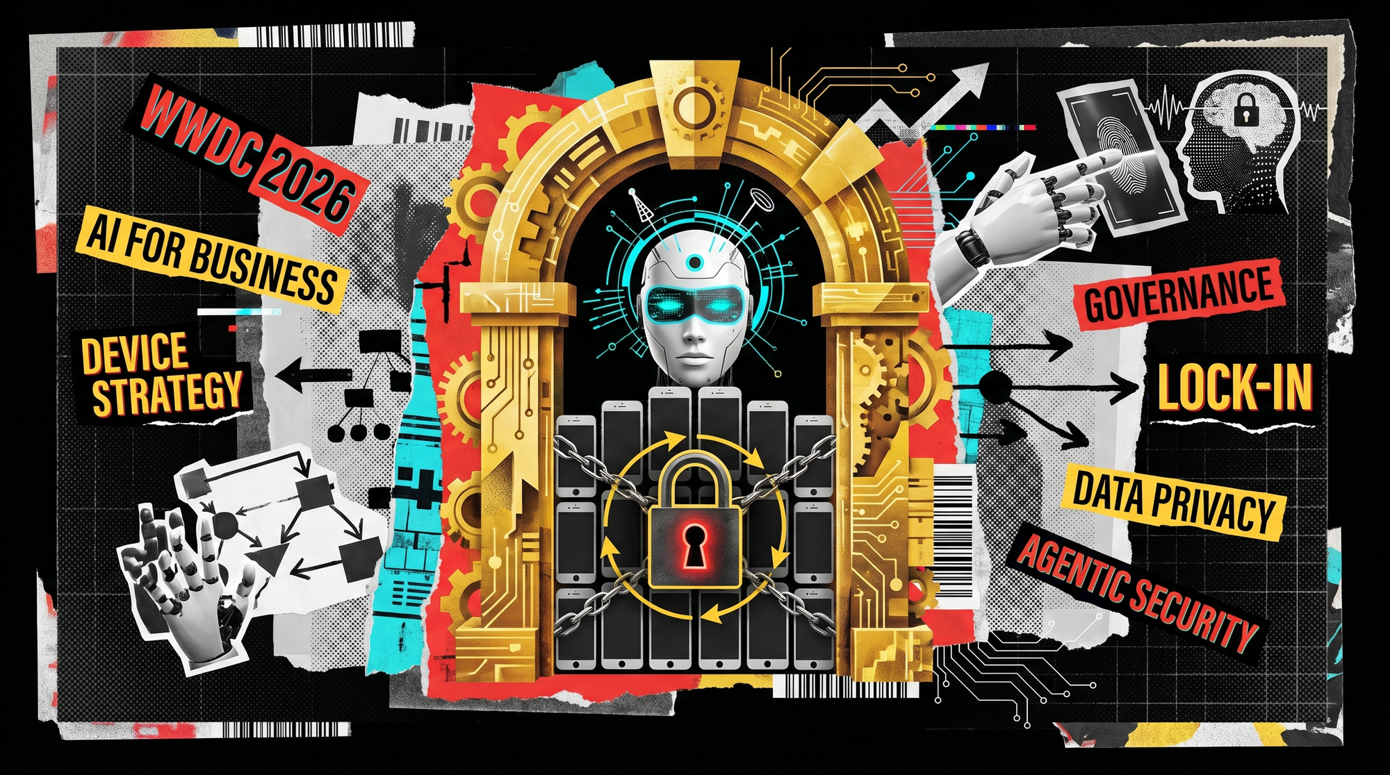 Editorial collage: an AI face within a golden gateway above padlocked servers, with smartphones, robotic hands and security motifs — WWDC 2026 through a business lens.