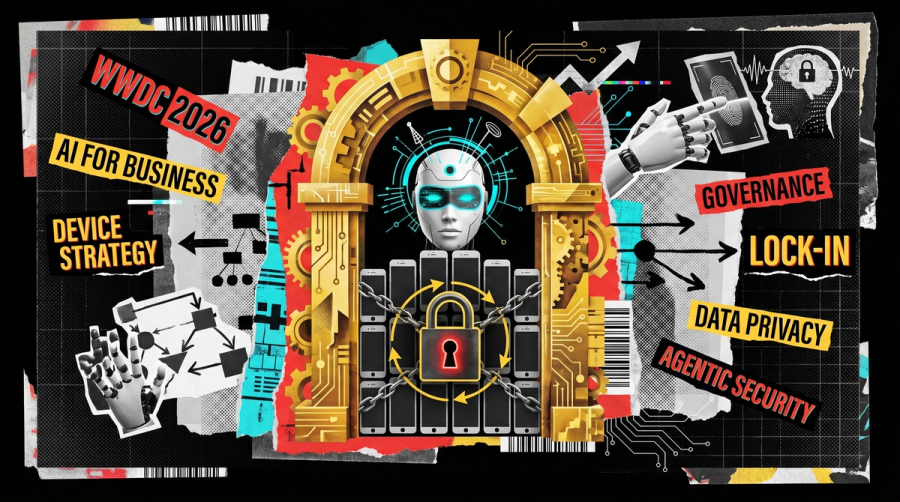Editorial collage: an AI face within a golden gateway above padlocked servers, with smartphones, robotic hands and security motifs, WWDC 2026 through a business lens.