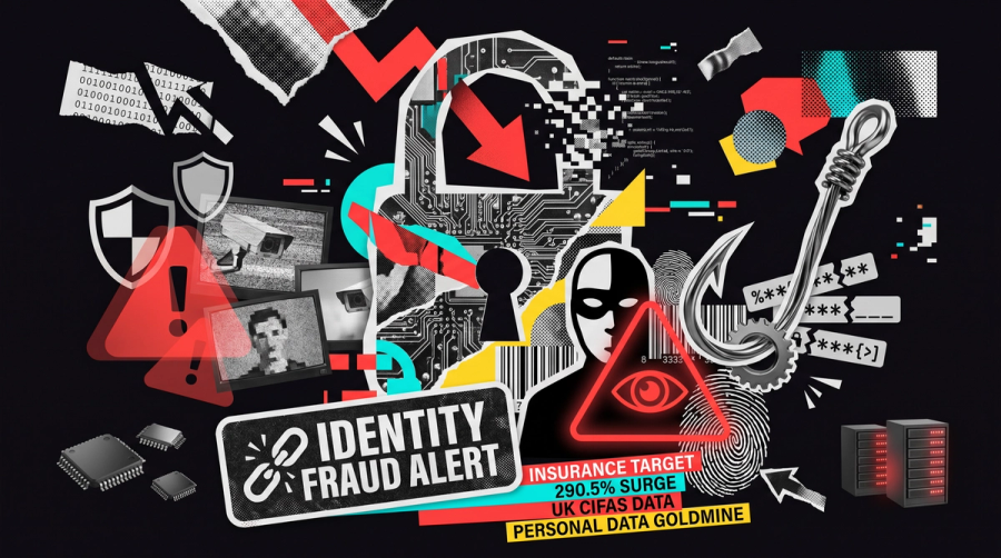 Editorial collage showing insurance documents, padlocks and fragmented identity data in the brand red / yellow / cyan palette on black