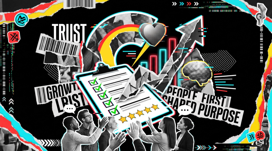Editorial collage: a team looking up at a five-star feedback survey with green ticks, alongside the words trust, people first and shared purpose, celebrating a great place to work.