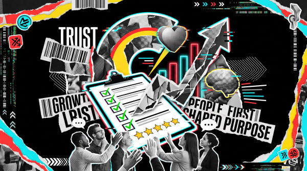 Editorial collage: a team looking up at a five-star feedback survey with green ticks, alongside the words trust, people first and shared purpose, celebrating a great place to work.
