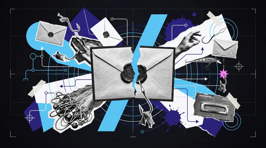 Mixed-media collage: a wax-sealed envelope split down the middle by a bold cyan slash, surrounded by blank-faced envelopes, fish hooks, a cast net and a letter slot, in greyscale halftone on an ink ground