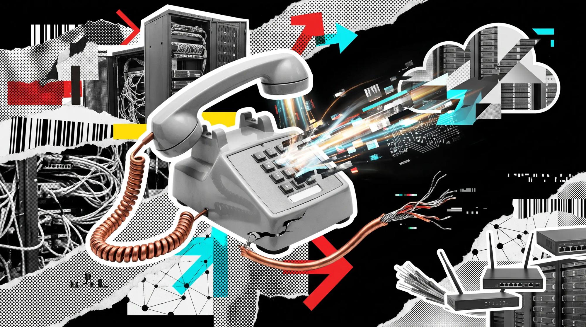 Collage illustration of an analogue desk telephone fragmenting into streams of light, representing UK businesses moving from copper phone lines to VoIP