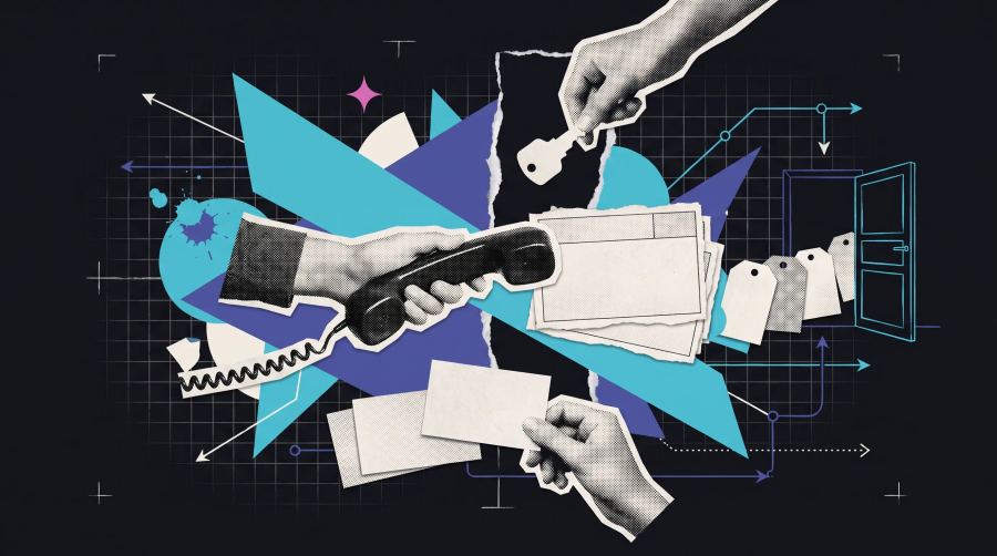 Mixed-media collage in Inflection Point brand colours: a telephone handset reaching across a torn gap towards blank forms, with a hand offering a paper key from above and two identical blank cards held below