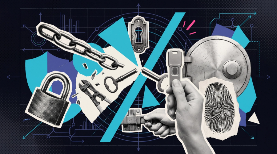 Mixed-media collage of an old key snapping in two while a hand holds up a solid new key, representing Microsoft retiring SMS codes in favour of passkeys