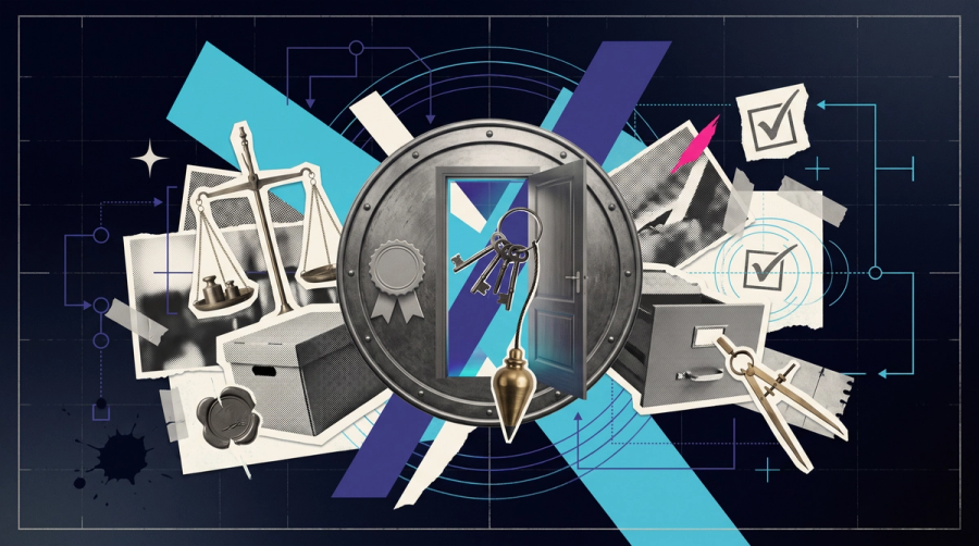 Mixed-media collage of an unmarked seal pinned to a shield beside an opening door, representing the benefits of Cyber Essentials certification