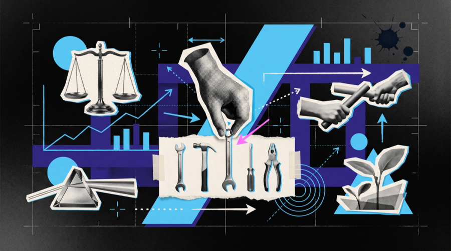 Mixed-media collage of a hand choosing one tool from four laid side by side, representing picking the right Microsoft AI tool for the job
