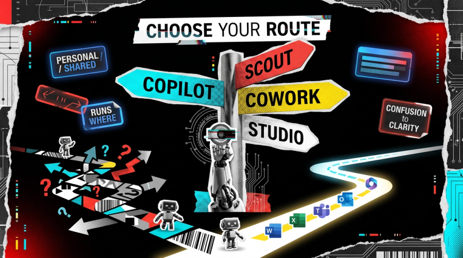 Editorial collage: a signpost pointing to Copilot, Scout, Cowork and Studio, with robot agents and a path of Microsoft 365 app icons from confusion to clarity.