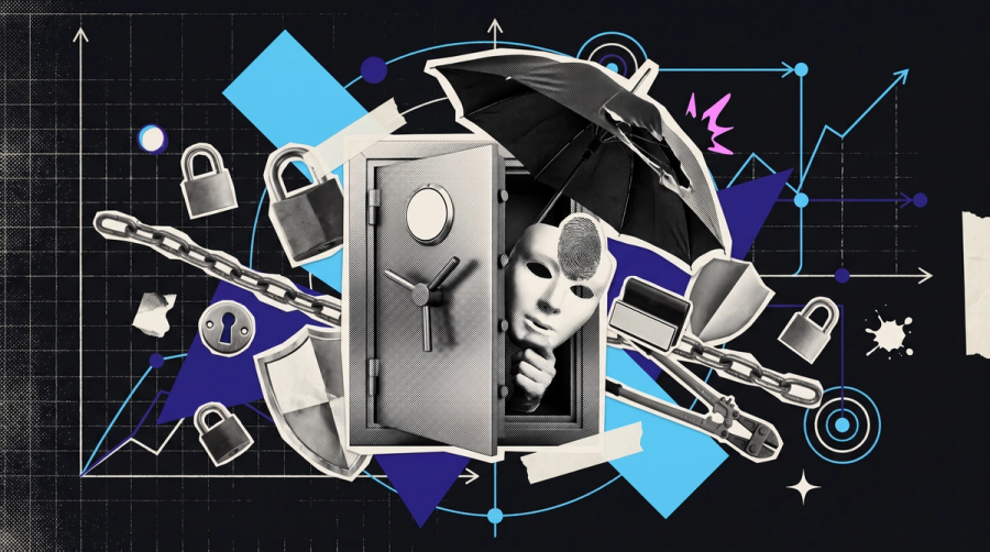 Mixed-media collage of a mask held over a fingerprint beside a torn umbrella, representing the surge in insurance identity fraud in the UK