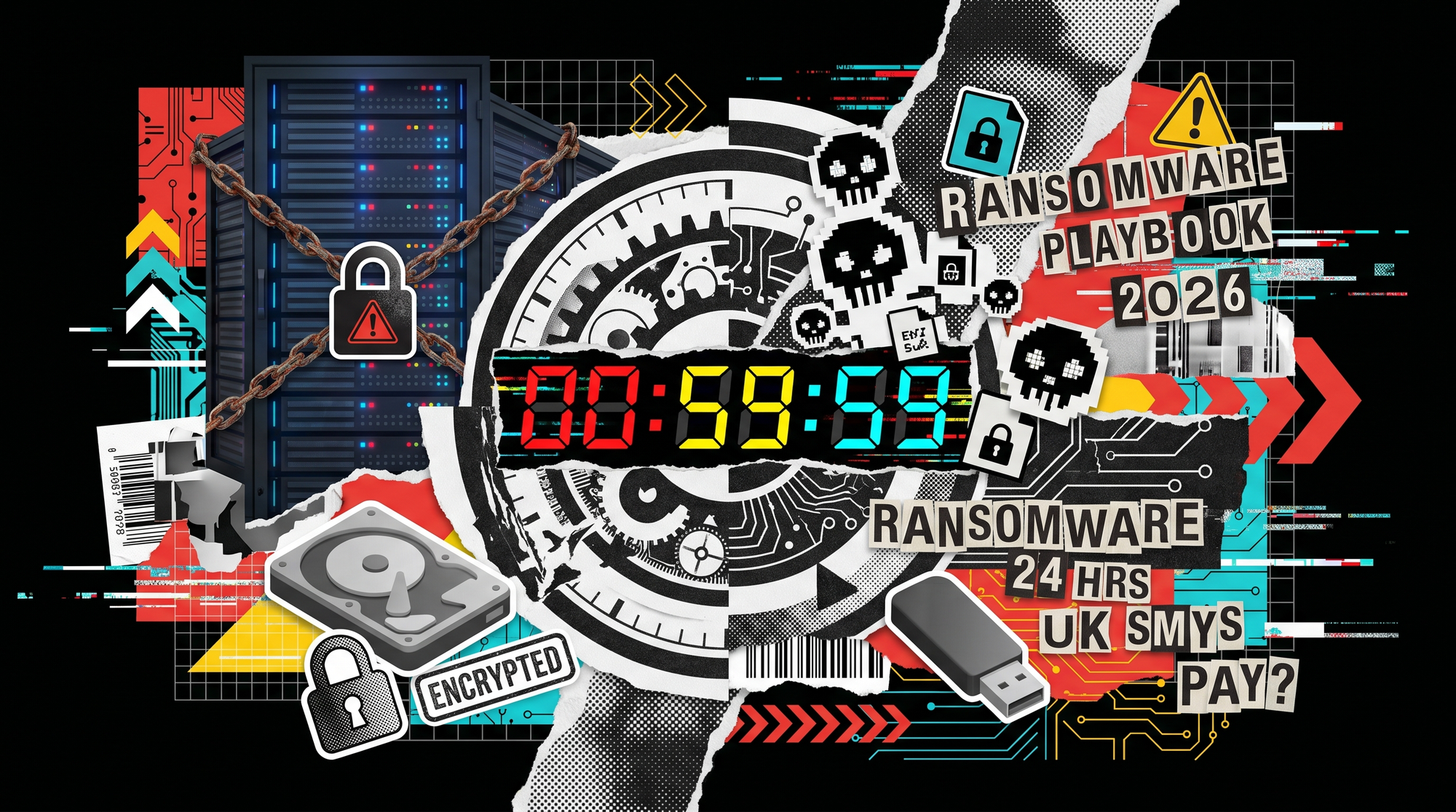 Editorial collage with a countdown clock fragmenting into ransomware glyphs, locked server icons and a UK SME backdrop, brand red yellow and cyan accents on black