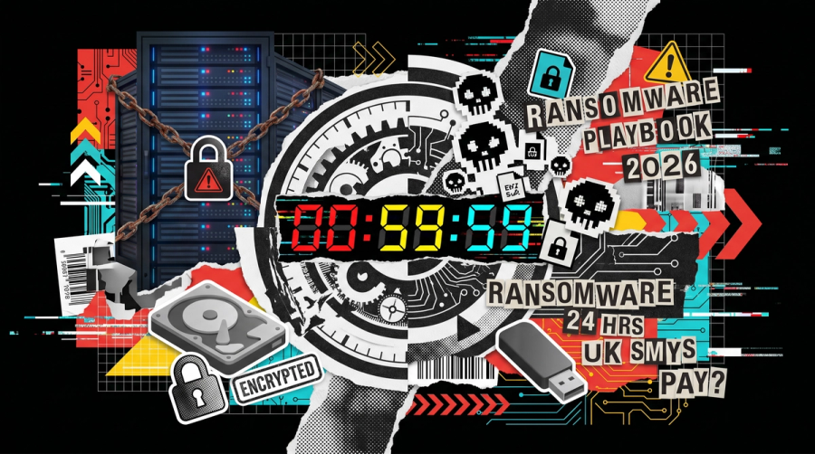 Editorial collage with a countdown clock fragmenting into ransomware glyphs, locked server icons and a UK SME backdrop, brand red yellow and cyan accents on black