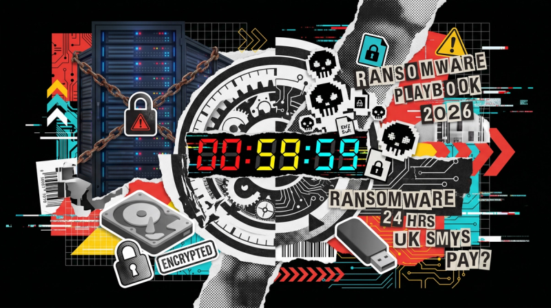 Editorial collage with a countdown clock fragmenting into ransomware glyphs, locked server icons and a UK SME backdrop, brand red yellow and cyan accents on black
