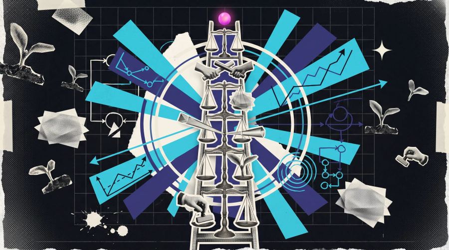Collage illustration of a ladder with balance scales on every rung, surrounded by growth charts and process diagrams, representing the governed steps of using Claude AI in a business