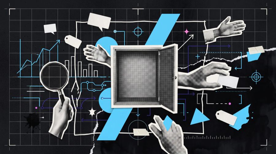 Mixed-media collage in Inflection Point brand colours: an open empty cabinet at the centre of a broken perimeter line, with hands passing blank paper tags beyond it and a magnifying glass held over bare grid