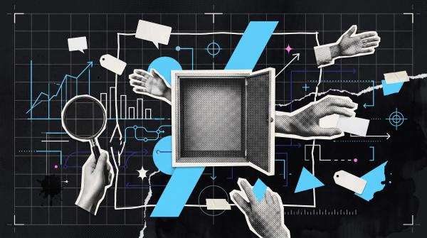Mixed-media collage in Inflection Point brand colours: an open empty cabinet at the centre of a broken perimeter line, with hands passing blank paper tags beyond it and a magnifying glass held over bare grid