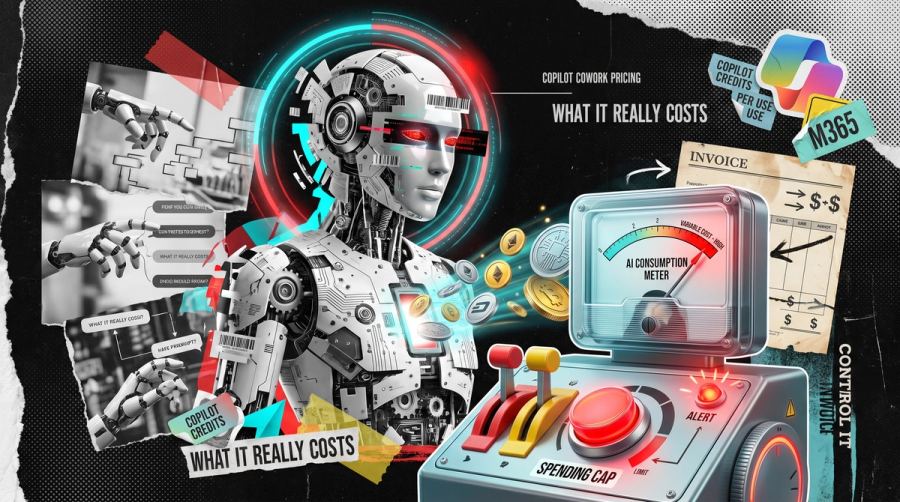 Editorial collage: an AI figure with an AI consumption meter, coins and credits, an invoice, and spending-cap levers with an alert light, illustrating the cost of Copilot Cowork.