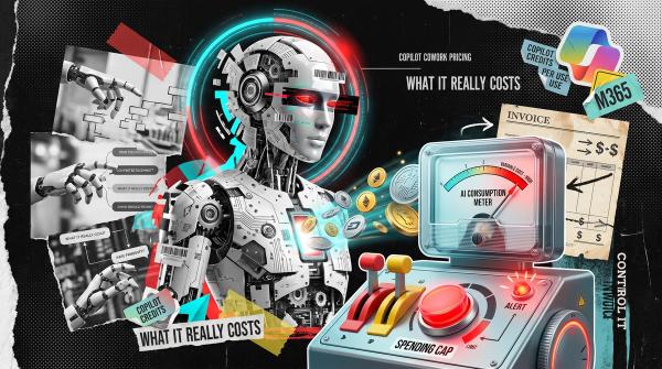 Editorial collage: an AI figure with an AI consumption meter, coins and credits, an invoice, and spending-cap levers with an alert light, illustrating the cost of Copilot Cowork.