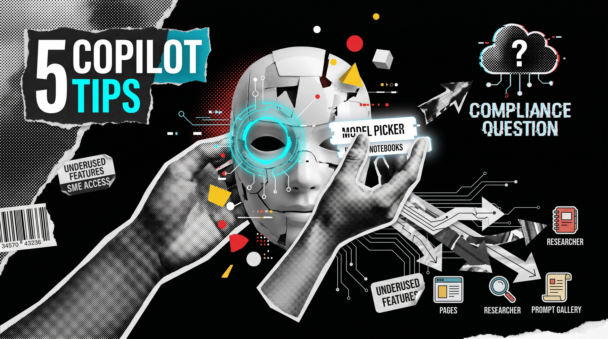 Editorial collage showing AI model dials, prompt cards and document fragments around a Microsoft Copilot Chat interface, brand red yellow and cyan accents on black