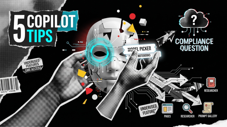 Editorial collage showing AI model dials, prompt cards and document fragments around a Microsoft Copilot Chat interface, brand red yellow and cyan accents on black