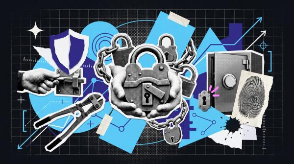 Mixed-media collage of padlocks, chains, bolt cutters, a safe and a fingerprint on a dark grid