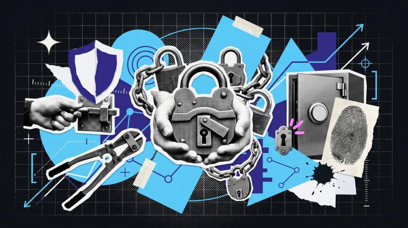 Mixed-media collage of padlocks, chains, bolt cutters, a safe and a fingerprint on a dark grid