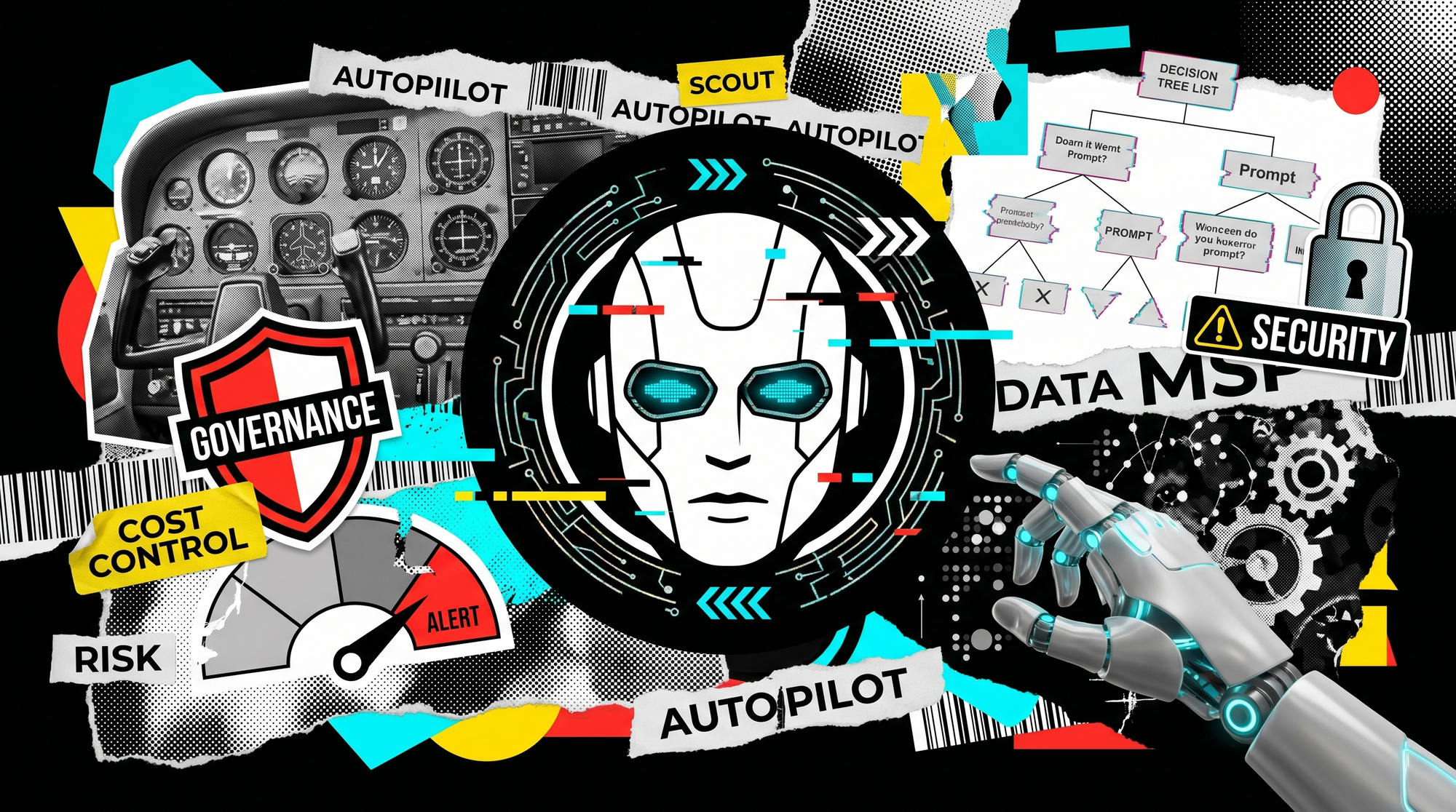 Editorial collage: an AI face in a tech ring beside an autopilot cockpit, a governance shield and a cost gauge, Microsoft's shift from Copilot to Autopilot.