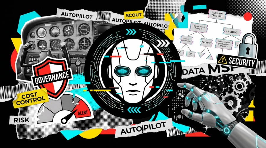 Editorial collage: an AI face in a tech ring beside an autopilot cockpit, a governance shield and a cost gauge, Microsoft's shift from Copilot to Autopilot.