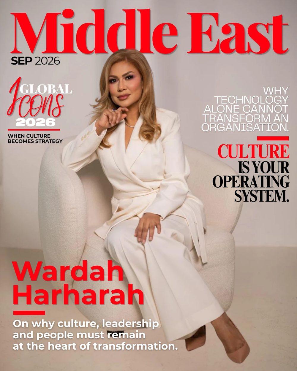 The September 2026 cover of Middle East Magazine, Wardah Harharah in a cream suit