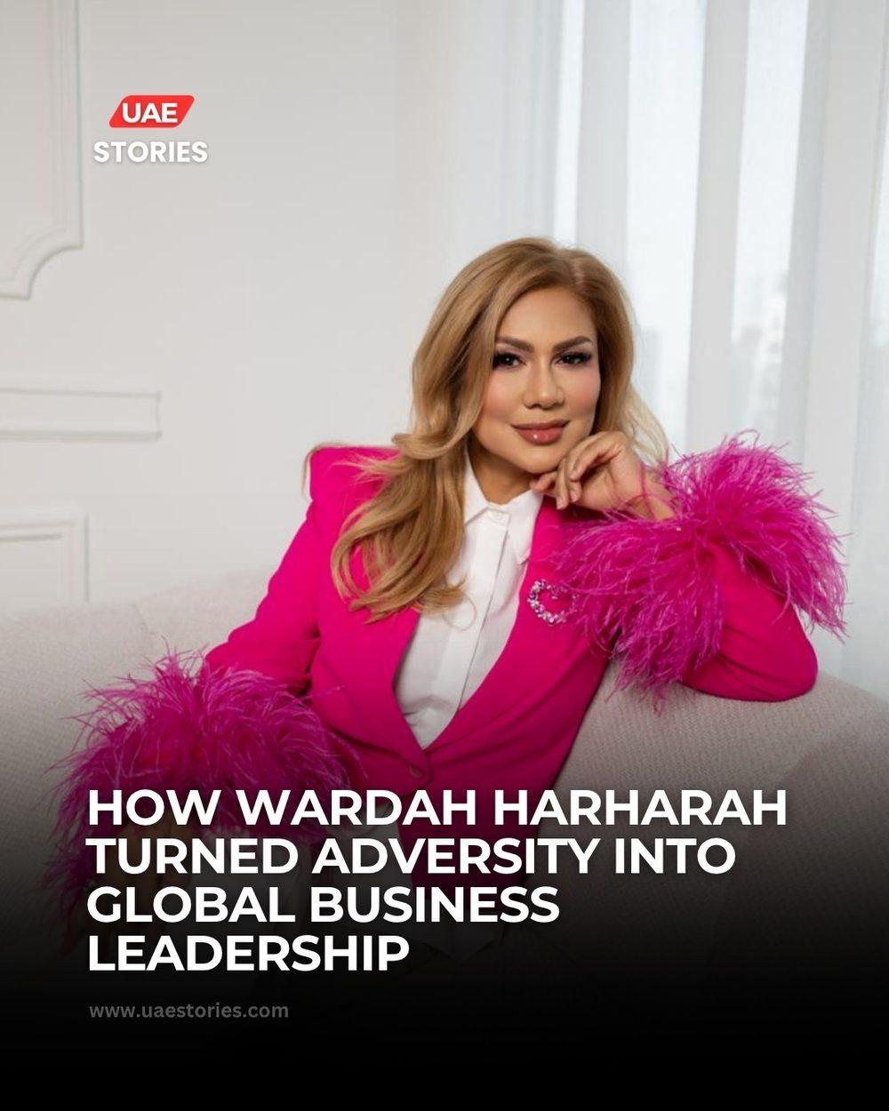 UAE Stories feature card, Wardah Harharah in a pink feathered blazer