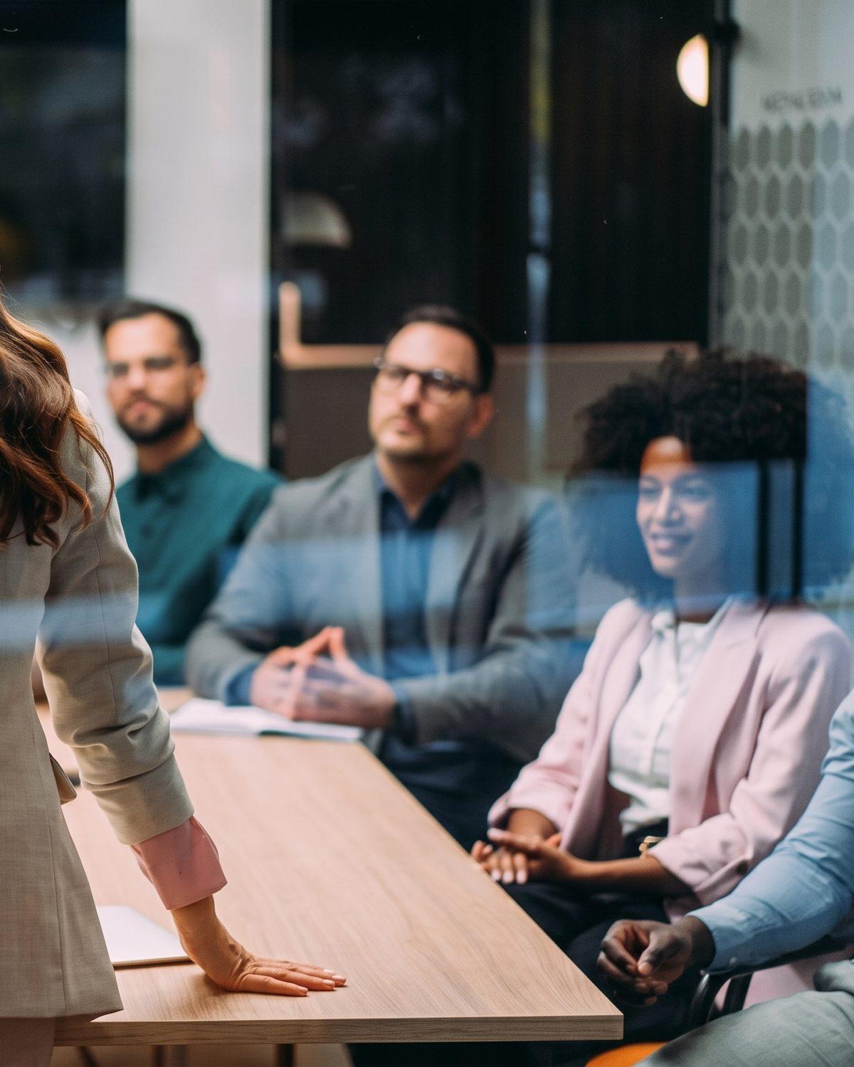 Colleagues seated around a meeting table, listening