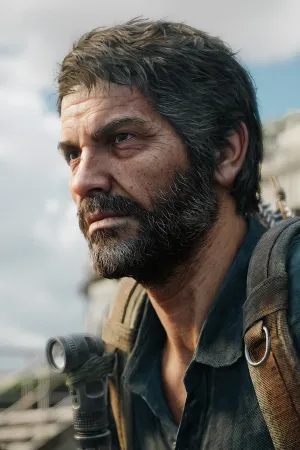 A close up of Joel staring out into the distance with a thoughtful, determined look.