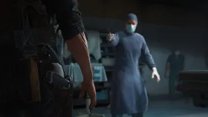 In a dim operating theater, a surgeon brandishes a scalpel at Joel, while a nurse cowers against the wall. In focus is Joel’s arm at his side, near his weapons. The light above the operating table catches on his pistol in its holster, and a hatchet attached to his backpack.