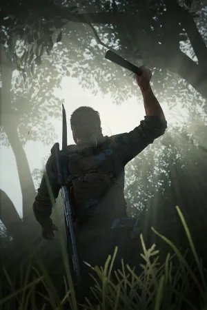 Joel is silhouetted against light shining through a canopy of trees as he raises a machete for an overhead swing.