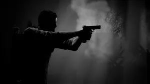 A black and white shot of Joel advancing with an automatic pistol drawn with both hands. He’s silhouetted against rays of light shining through a smokey area.