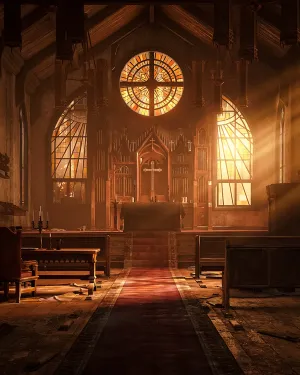 A shot looking up the carpeted aisle of a church toward the altar. Many of the wooden pews have been ripped out, but warm light dapples in through the unbroken stained glass windows.