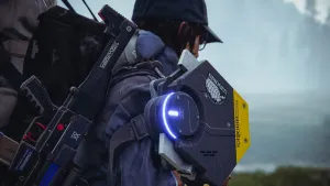 A close of up an armour plate attached to Sam’s shoulder, neon blue lights indicating full functionality. A non-lethal assault rifle is slung next to his backpack.