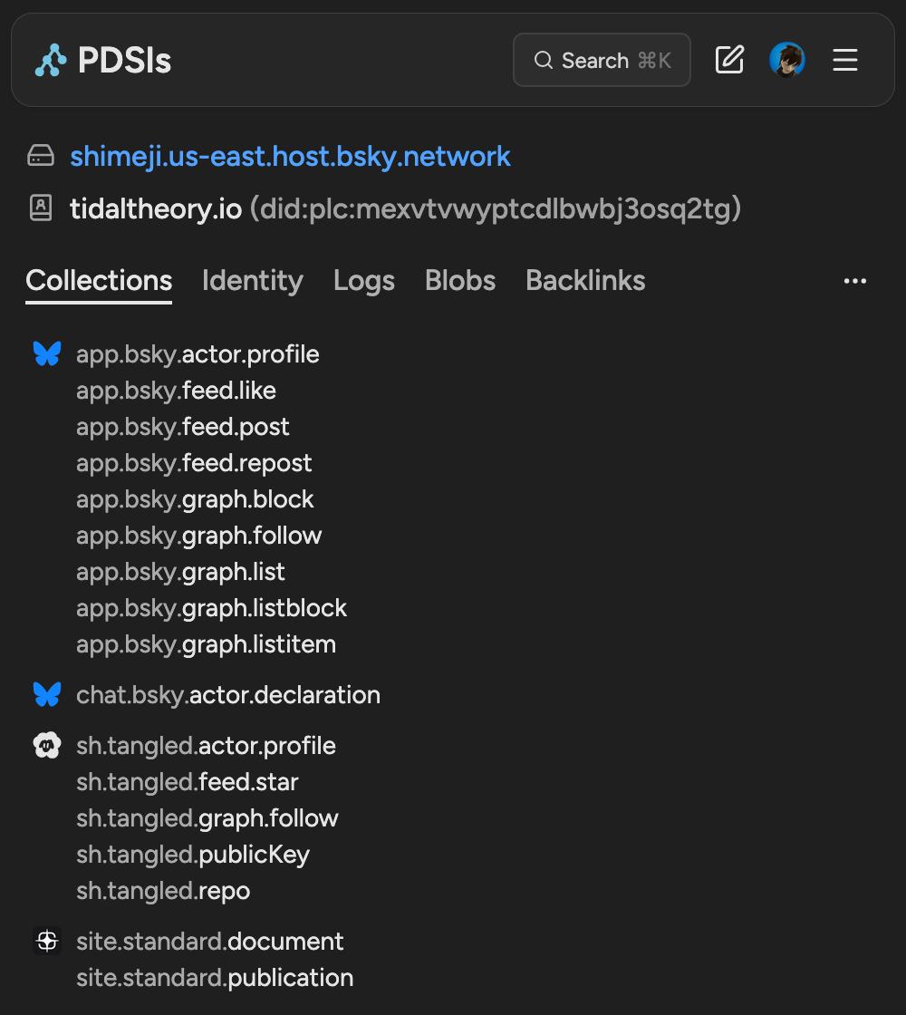 A screenshot of PDSls showing various record collections: app.bsky.*, sh.tangled.*, and site.standard.*.
