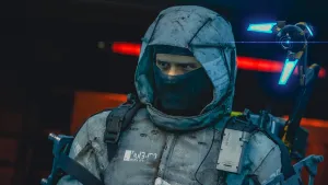 A close up of an unnamed porter in a bunker entrance. His suit hood is up and his face is obscured by a black balaclava. He seems to have a stern or suspicious expression. The odradek scanner behind his shoulder is active and scanning.