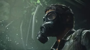 A close up of Joel wearing a gas mask which is dripping with condensation. Spores catch the light from an opening above and everything has a greenish tinge to it.