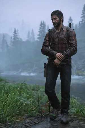 Joel stands by the river, unconcerned with getting wet in the rain, but still with a slightly anxious posture.