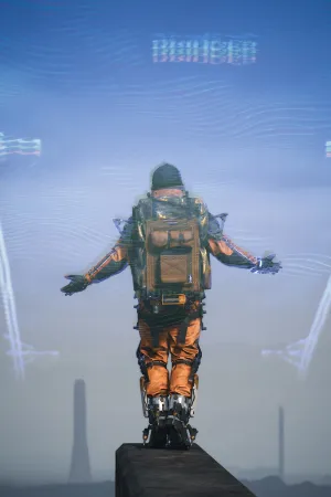 Sam stands with his arms casually out at his sides at the edge of a small platform, looking out at the barren landscape below. Two narrow towers are the only visible detail in the distance, and Sam is partially obscured by the arc of a chiral bridge.