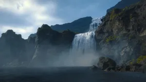 Light hits the veil of a waterfall cascading over steps of a short, craggy cliffside.