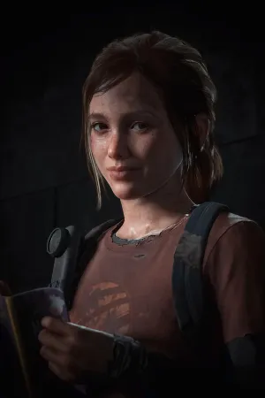 A close up of Ellie looking toward the camera with a smirk as she reads from her book of puns.