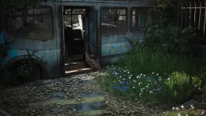 A ray of light shines out of the open doors of an abandoned and overgrown Salt Lake City transit bus.