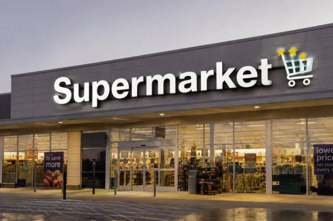 A modern supermarket layout showing organized shelves and smart shopping technology representing Supermaked concept
