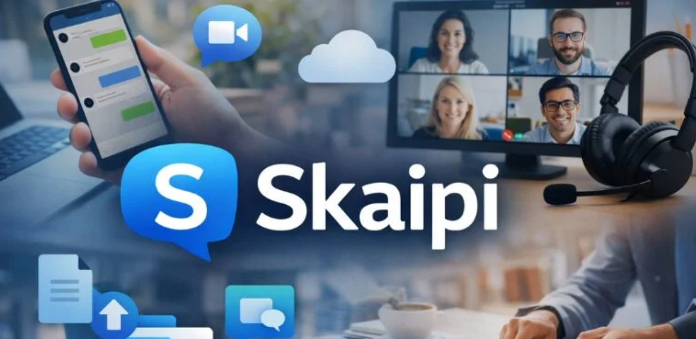 Skaipi communication app interface showing video call and messaging features on a smartphone screen
