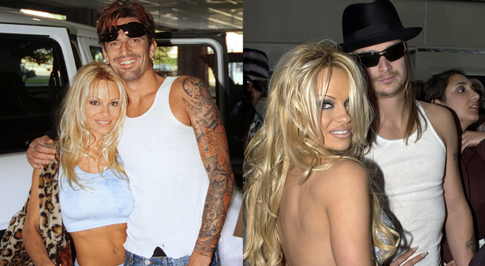 Pamela Anderson husband timeline featuring Tommy Lee, Kid Rock, Rick Salomon, and Dan Hayhurst with key moments from her marriage history.