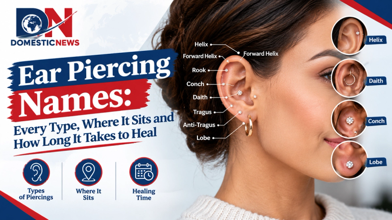 Every ear piercing name explained: lobe, helix, tragus, daith, rook, conch, snug, industrial and more. Where each sits, healing times and UK aftercare tips.